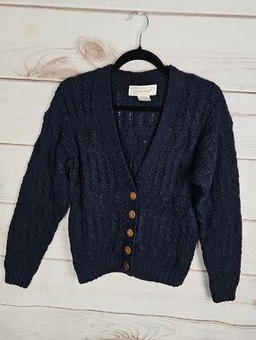 Michelle Stuart Vintage 90s Navy Cable Knit Cardigan Ramie Cotton Tortoiseshell